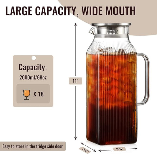 2 Liter/68 oz Square Glass Pitcher with Lid, Classic Stripes Water Pitchers with Handle for Fridge, Large Jug for Iced Tea, Coffee, Borosilicate Glass Carafe for Hot/Cold Brew Drink, Silver