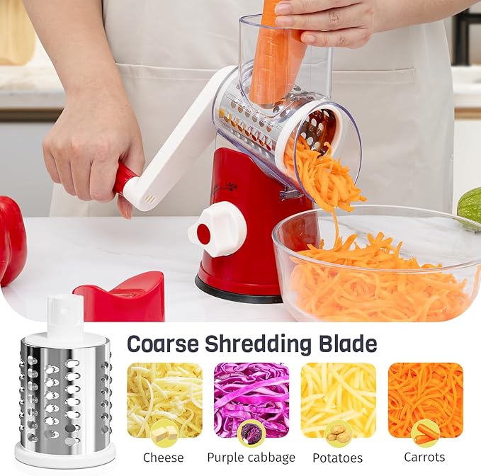 Rotary Cheese Grater Hand Crank, 3 Blades Slicer Shredder, Cheese Grater for Kitchen, Multi-Functional Kitchen Tool for Vegetables, Nuts, Chocolate, with Strong Suction Base, Red