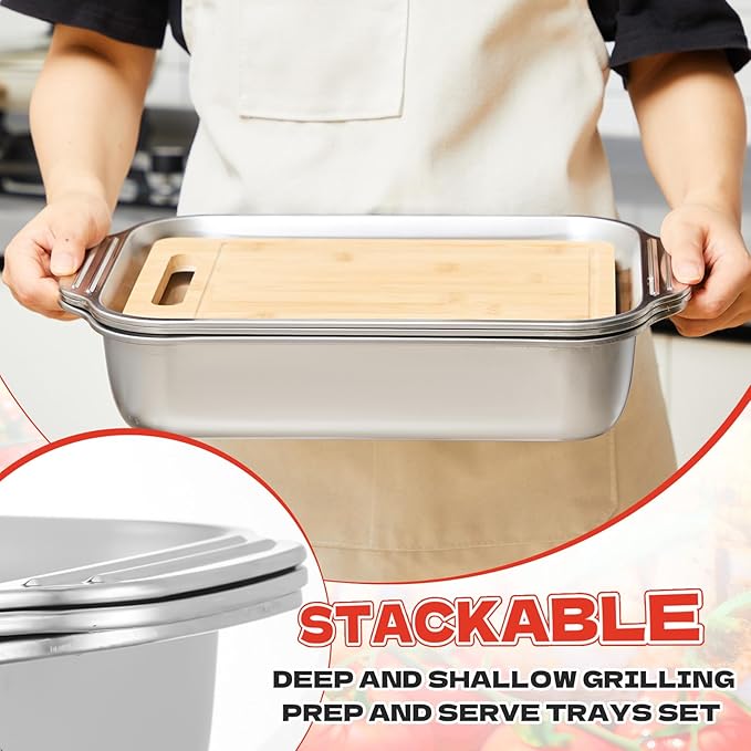4 Pcs Grill Prep Trays Set Stackable Stainless Steel Grilling Prep and Serve Tray Includes 2 Deep Grill Platter, Shallow BBQ Serving Tray and Bamboo Cutting Board for BBQ Outdoor Grilling