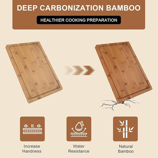 Tafopue Bamboo Cutting Board, Large Kitchen Chopping Board with Deep Juice Groove & Built-in Handle, Reversible Wooden Charcuterie Board and Serving Tray for Meat, Bread, Fruit, Daily Use, 16×11×0.6''