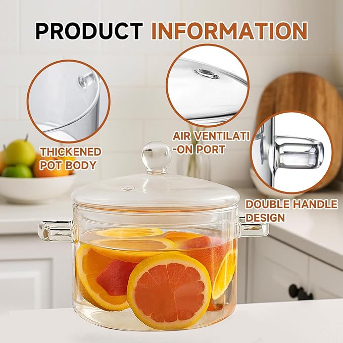 Glass Cooking Pot, 1.9L/64oz Heat-Resistant Borosilicate Glass Saucepan with Cover, Cookware Set Stovetop Pot for Cooking, Soup, Milk, Tea, Fruit and Spices