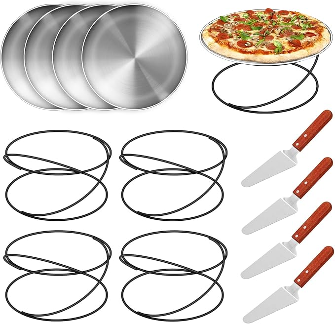 Affbei 12 Pcs Pizza Pan Riser Stands Pizza Spatula Sets Includes 4 Metal Pizza Table Stands 4 Pizza Pan and 4 Wood Handle Pie Server, Pizza Rack Stand Pizza Tray for Oven Pizza Dessert Cheese Baking