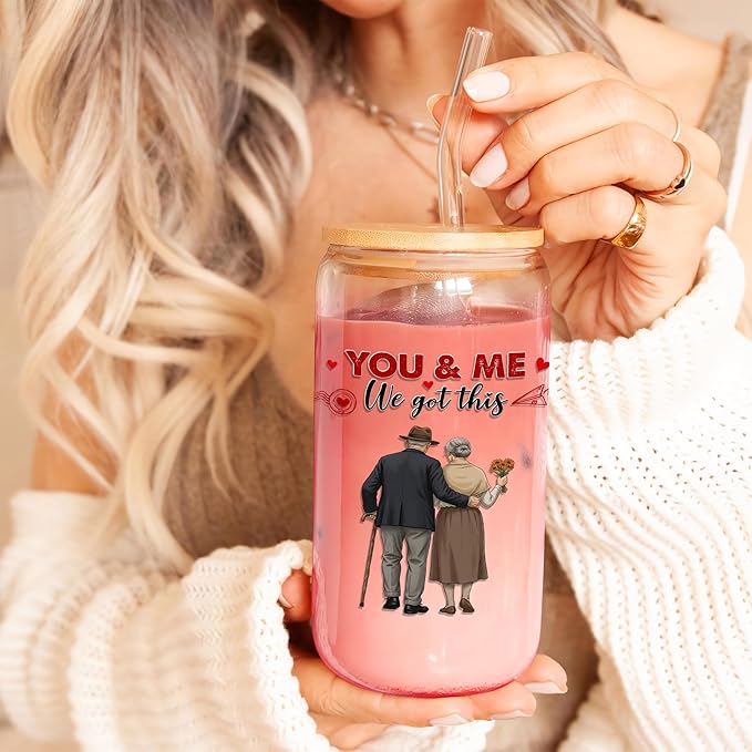 16 Oz Glass Cups with Lids and Straws You and Me We Got This Iced Coffee Cup Couple Glass Drinking Jar Beer Soda Tea Cocktail Wedding Anniversary Valentines Gift for Him Her Spouses Love