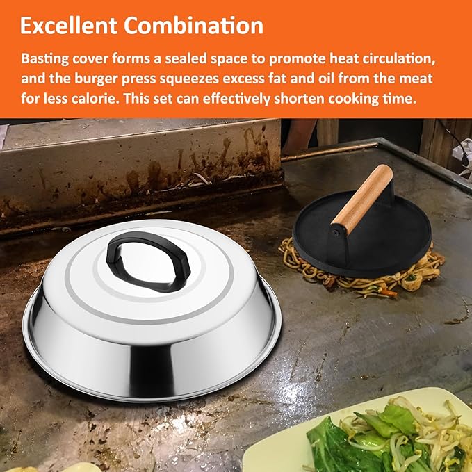 Leonyo Melting Dome & Cast Iron Grill Press, 12" Basting Cover with Round Bacon Press, Burger Smasher for Griddle, Food Steamer Lid Smash Burger Kit for Flat Top Grill Cooking Cheese, Meat