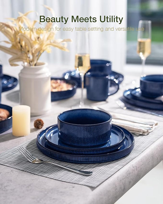 famiware Star Plates and Bowls Sets, Modern Stoneware Dinnerware Sets for 8, 24-Piece Kitchen Dish Set - Microwave and Dishwasher Safe, Chip and Scratch Resistant, Nebulas Blue