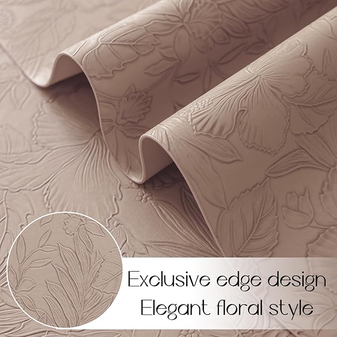 Romanstile Vinyl Placemats Set of 6-12 X 17 Inch - Heat Resistant Non-Slip Embossed Floral Place Mats 100% Waterproof Oilproof Wipeable Faux Leather Table Mats for Kitchen/Dining/Party, Khaki
