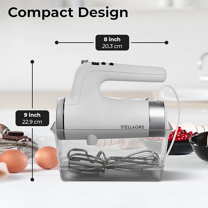 Stellagro 9 Speed Electric Handheld Mixer with Stainless Steel Whisk Beater Attachments & Snap Storage Case, Compact Lightweight 350 W Powerful hand held mixer for Baking & Cooking, White