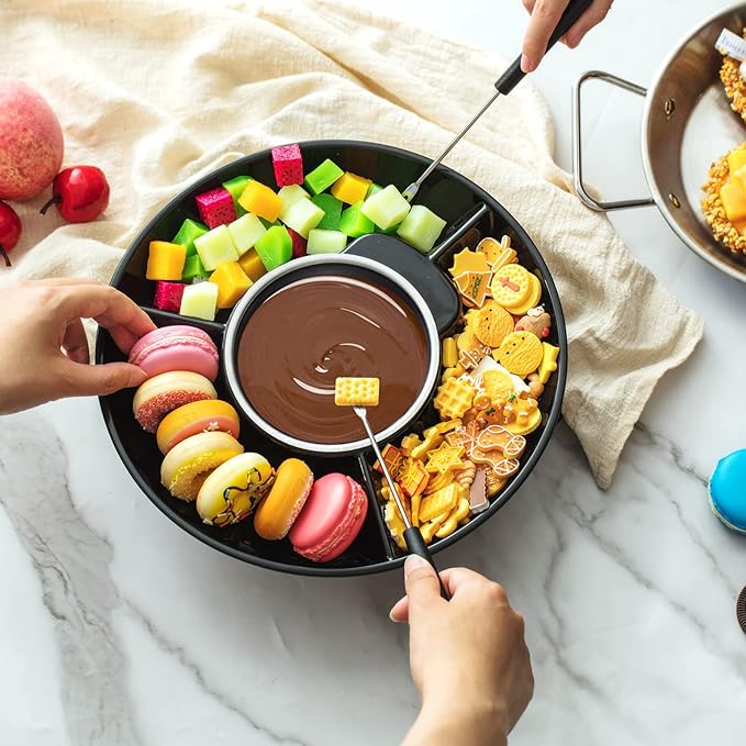 Lallisa Electric Fondue Pot Set, Chocolate Fondue Kit, Electric Fondue Maker, detachable Serving Trays with 4 Roasting Forks, gift Set for Date Night House Warming Melting Parties(Black)
