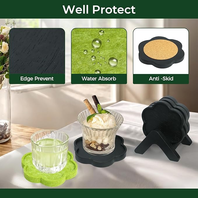 8-Piece Acacia Wood & Absorbent Felt Coaster Set with Stand, Decorative Flower Design - 4" Minimalist Drink Holders for Cold & Hot Drinks, Rustic Modern Decor for Bar & Office - Black