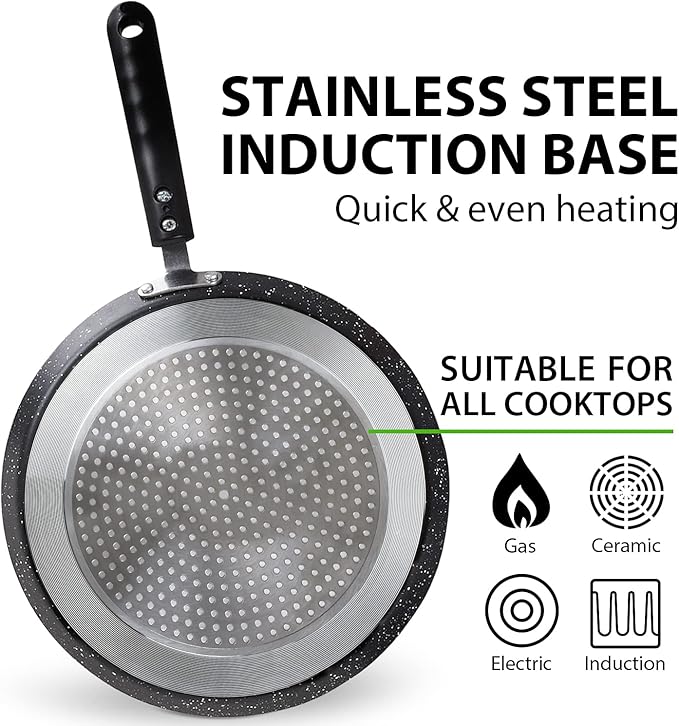 Buecmue 10.5 Inch Nonstick Crepe Pan with Spreader, Granite Coating Skillet Pan for Roti Egg Omelet Tortilla Tawa Dosa, Flat Frying Pan, Induction Compatible PFOA & PTFEs Free