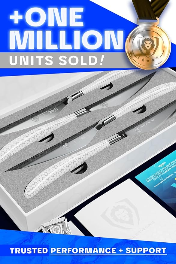 Dalstrong Steak Knife Set - 4 Piece - 4.5 inch Serrated Blade - Frost Fire Series - High Chromium Steel Kitchen Knife- Frosted Sandblast - White Honeycomb Handle - NSF Certified