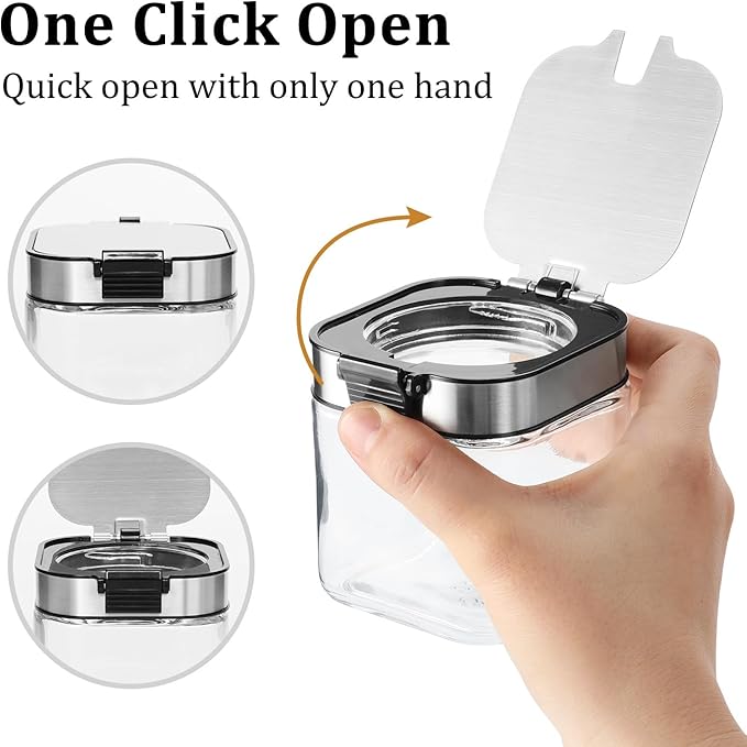 Aelga Glass Sugar Bowl with Lid and Spoon, 8.5 OZ Sugar Container Stainless Steels Flip Lid with holder, Salt Container for Kitchen, Coffer Bar Accessories, Countertop, 3 Pack
