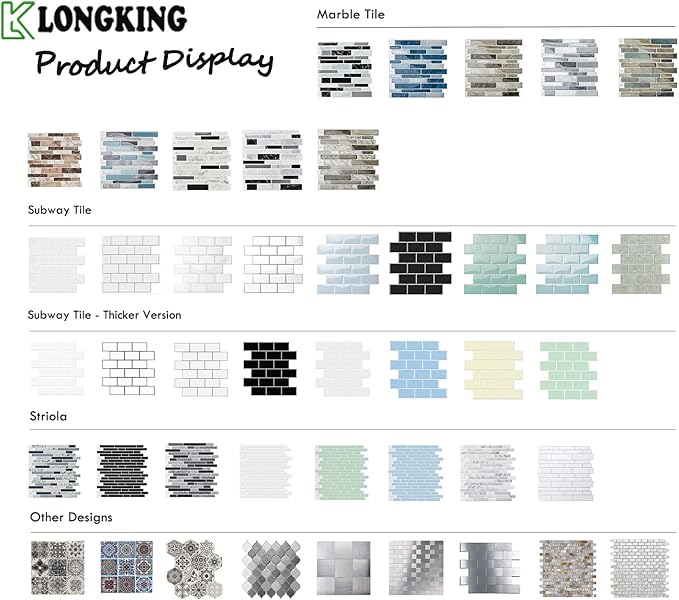 LONGKING 10-Sheet Peel and Stick Tile Backsplash, Vinyl 3D Self-Adhesive Tile Stickers for Kitchen, Bathroom, Counter Top, Marble 79