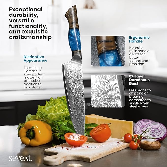 Damascus Kitchen Knife Set, 67-Layer Damascus Steel, 3-Piece Professional Set: 13” Chef, 12.3” Santoku & 9.8” Utility Knife, Ergonomic Wood & Resin Handle, Ideal for Gifting (Blue, 3 pieces)