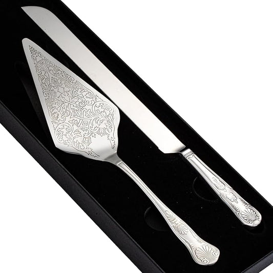GURUDAR Vintage Wedding Cake Knife and Server Set, Stainless Steel Cake Pie Pastry Cutting Knife & Serving Spatula Set, Premium Party Supplies for Wedding, Birthday, Anniversary & Events, Silver