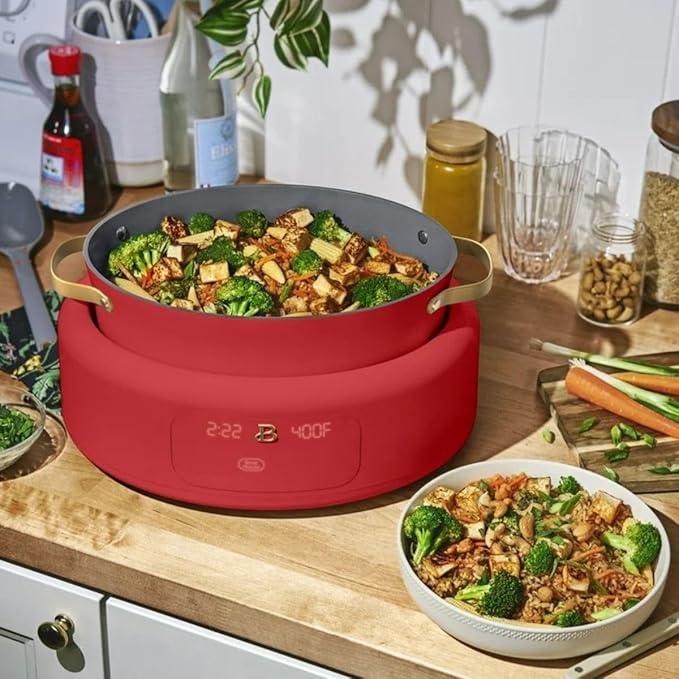 Beautiful 10-in-1 Electric Multi-Cooker, 6-Quart, Digital Display, Non-Stick Pot, One-Touch Control, 10 Cooking Functions (Tomato Red)