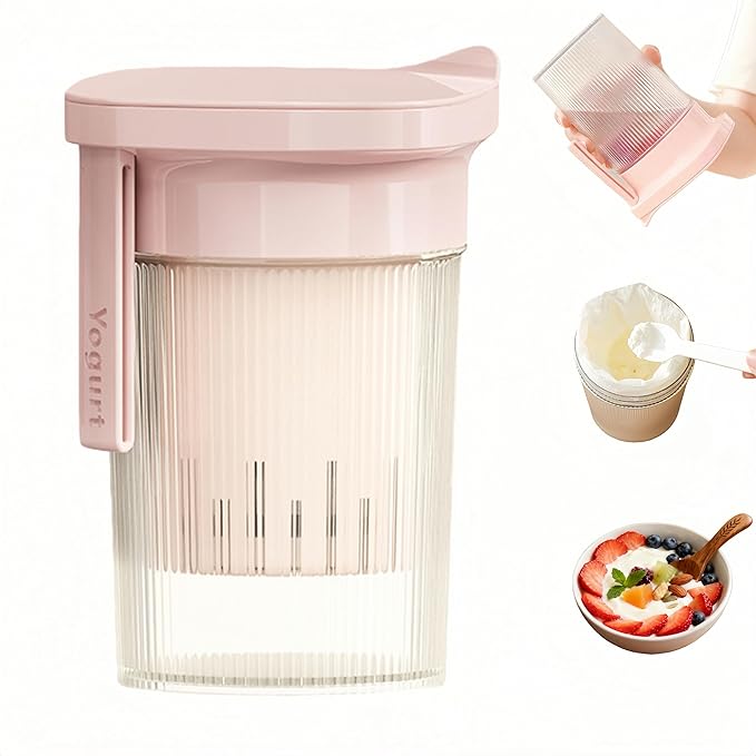 0.95 Quart（900ML）Portable Yogurt Strainer Cup, Compact Greek Yogurt Filter with Whey Separator for Cheese & Soy Milk, Leak-Proof & Easy to Carry Yogurt Maker (Pink)