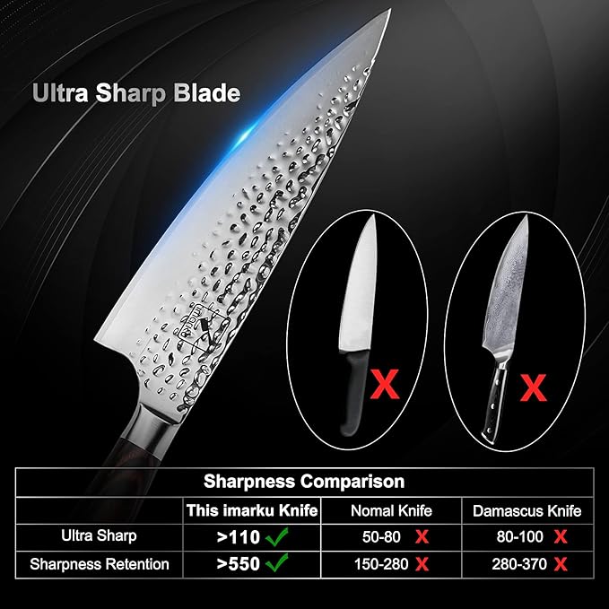 imarku Damascus Chef Knife, 8 Inch Kitchen Knife Ultra Sharp Cooking Knife HC German Stainless Steel Japanese Knife for Kitchen, Hand-Hammered Design, Ergonomic Handle, Birthday Gifts for Men Women