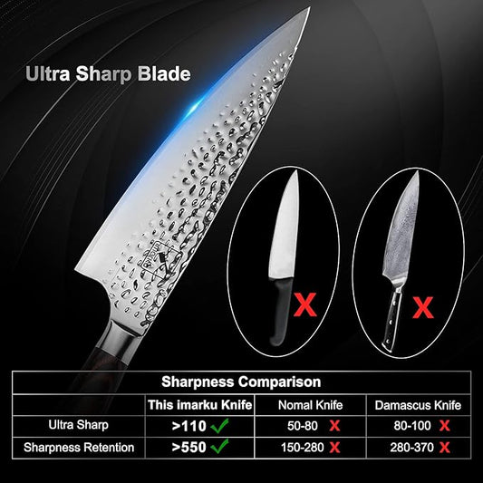 imarku Damascus Chef Knife, 8 Inch Kitchen Knife Ultra Sharp Cooking Knife HC German Stainless Steel Japanese Knife for Kitchen, Hand-Hammered Design, Ergonomic Handle, Birthday Gifts for Men Women