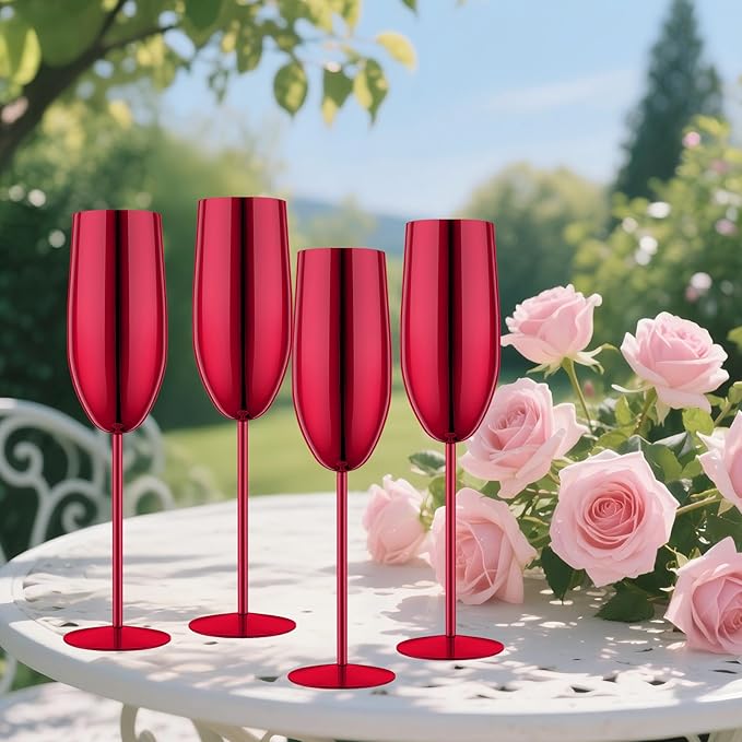 Stainless Steel Champagne Flutes Set of 4-Wedding &Birthday Gifts,8.5 Oz Unbreakable Champagne Glass with Long Stem,Reusable Indoor Outdoor Drinkware (Red)