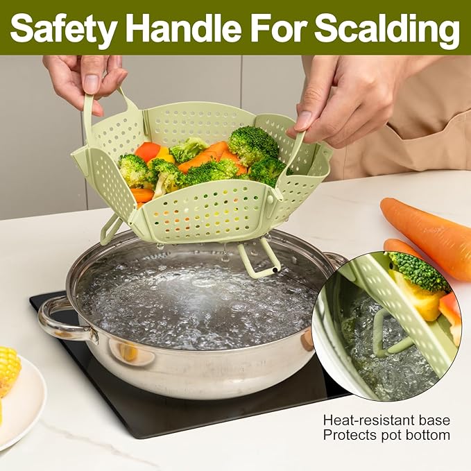 Large Collapsible Silicone Steamer Basket, Silicone Vegetable Steamer Basket With Handles, BPA Free, Expandable for Pot, Non Slip Feet, Compact Storage, Dishwasher Safe