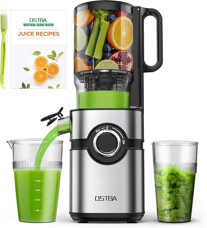 Cold Press Juicer, 5'' Wide Feed Chute Juice Maker, OSTBA Juicer Machine for Whole Vegetables and Fruits, High Juice Yield, Easy to Clean, BPA Free