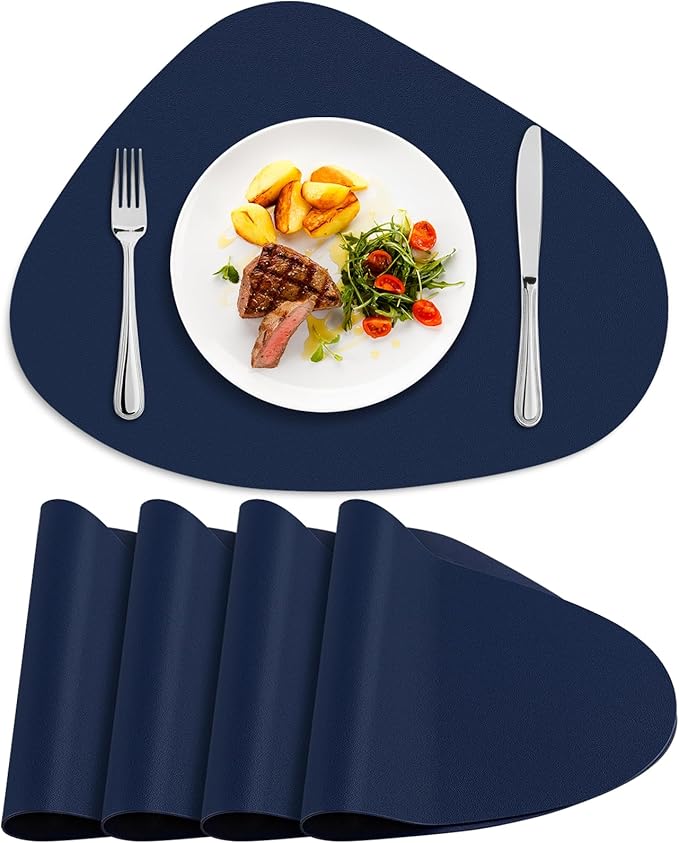 Placemats Set of 4, Heat Resistant Leather Placemats Double Layer, Soft Waterproof Round Table Mats Easy to Clean for Kitchen Dining Room Coffee Office Table, Blue