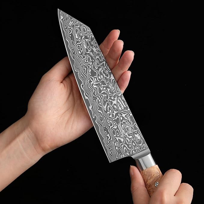 zayiko Kinone Kiritsuke Chef Knife – 7.9-Inch Damascus Kitchen Knife | 67 Layers Steel with VG10 Core | Ergonomic Birch Root Wood Handle | Professional Cooking Tool in Gift Box
