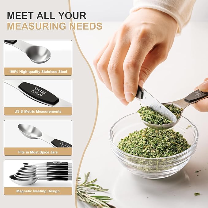 Stainless Steel Measuring Cups & Spoons Set, EWFEN Kitchen Tools Nesting Measuring Cups and Spoons, Set of 15 with Leveler, Black