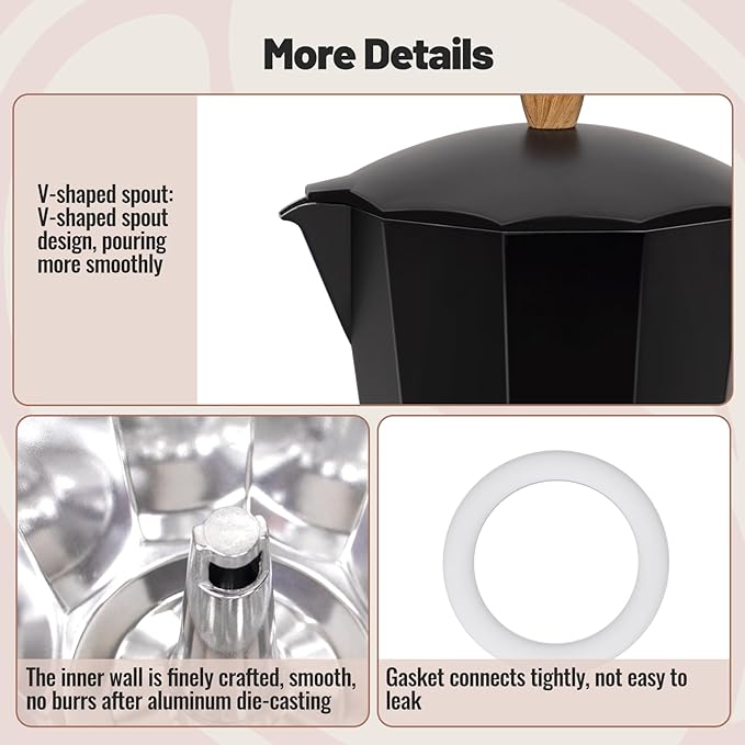 Vaolvpant 9 Cup Aluminum Moka Pot Classic Stovetop Espresso Coffee Maker 450ml 15oz Coffeemaker Percolator Mocha Pot Greca Coffee Maker Cafe Makers for Italian and Cuban Café Brewing Black