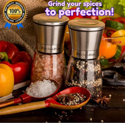 Professional Salt and Pepper Grinder Set – Premium Stainless Steel Salt and Pepper Shakers with Ceramic Spice Grinder Mill for Adjustable Coarseness - Added Bonus a Bamboo spoon and a Cleaning Brush.