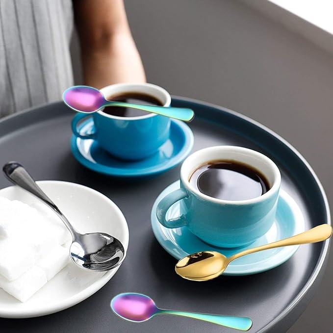 Demitasse Espresso Spoons, Mini Coffee Spoon, Stainless Steel Small Spoons for Dessert, Tea,Set of 6(Rainbow)