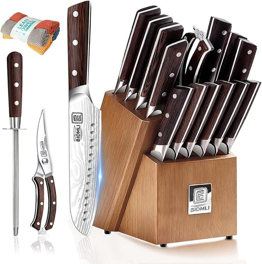 17-Piece Knife Block Set BIDMLI- Wooden Sharpener & Chicken bone Shears, high carbon stainless steel blades, Ergonomic Hardwood Handle,for Home, Restaurant, Professional Chef.