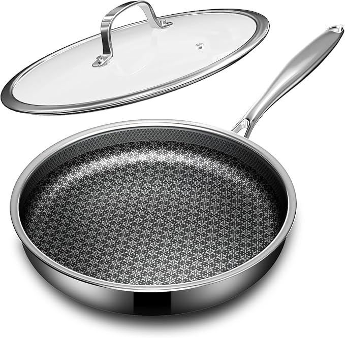 KURRUNGIE Non Stick Frying Pans with lid, 10 inch Hybrid Frying Pans Nonstick, non stick Stainless Steel Skillets, Dishwasher and Oven-Safe, nonStick Cookware, Induction Compatible Cooking Pan