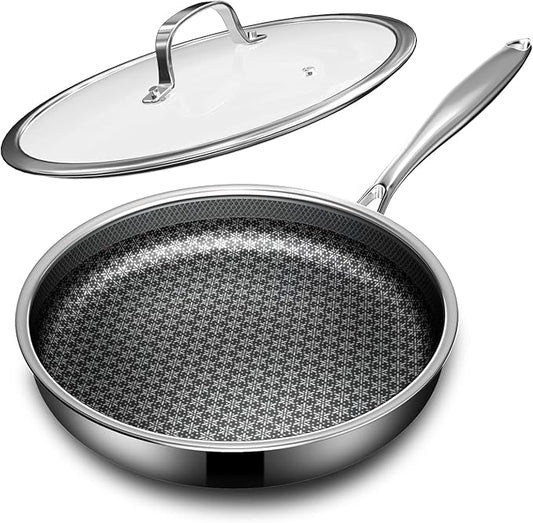 KURRUNGIE Non Stick Frying Pans with lid, 10 inch Hybrid Frying Pans Nonstick, non stick Stainless Steel Skillets, Dishwasher and Oven-Safe, nonStick Cookware, Induction Compatible Cooking Pan