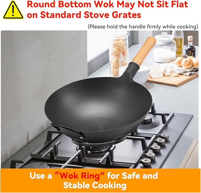 WANGYUANJI 13.4" Round-Bottom Iron Wok, Deep Chinese Stir-Fry Pan (Seasoning Required), Wok Ring Required, Not Flat-Top/Induction — No Lid, No Ring,Wooden Handle, Coating-Free