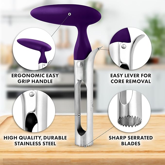 Zulay Kitchen Premium Apple Corer Tool - Ultra Sharp, Stainless Steel, Serrated Blades for Easy Coring - Easy to Use & Clean, Durable Apple Corer Remover for Baking Apples & More - Plum