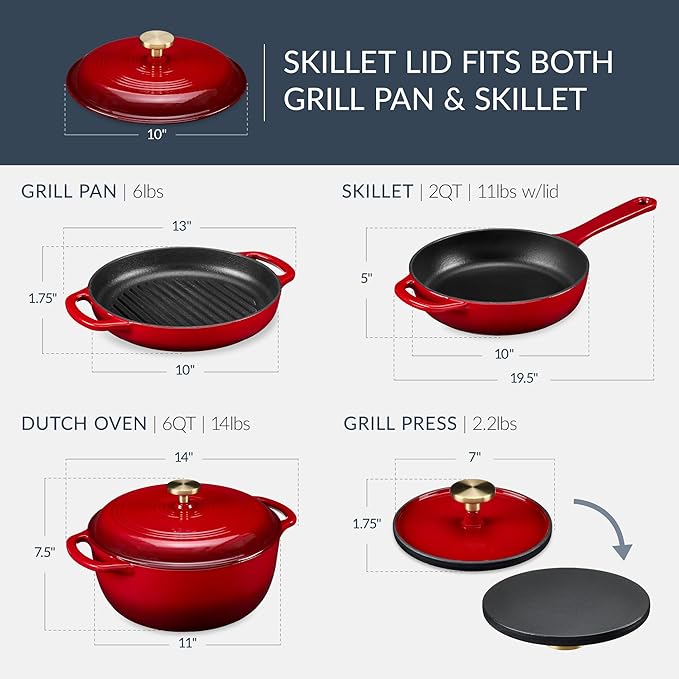 Best Choice Products Non-Stick Pot & Pan Cookware Set, Cast Iron, 2Qt Skillet W/Lid, 10" Grill Or Griddle Pan W/Press, 6Qt Enameled Dutch Oven, Non-toxic, For Cooking & Grilling - Red