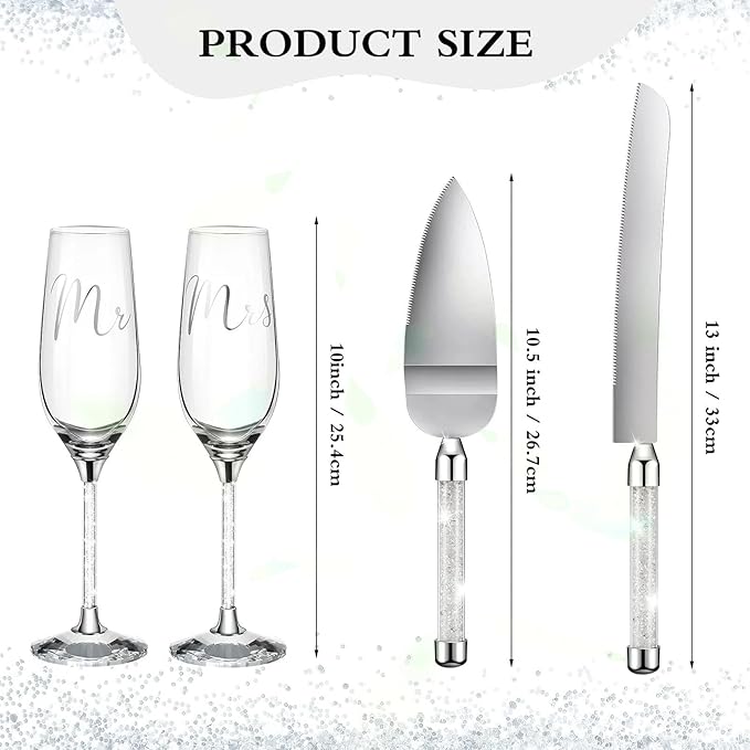 Wedding Cake Knife and Champagne Flutes Server Set | Bride & Groom Champagne Glasses | Toasting Glasses for Parties and Cake Cutting Set – for Wedding, Engagement, Bridal Shower Gifts(Silver)