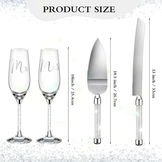 Wedding Cake Knife and Champagne Flutes Server Set | Bride & Groom Champagne Glasses | Toasting Glasses for Parties and Cake Cutting Set – for Wedding, Engagement, Bridal Shower Gifts(Silver)