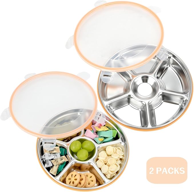 2 pcs Veggie Tray with Lid, Divided Serving Tray with Lid, Round Stainless Steel Serving Platter, Snackle Box Container with 7 Compartments