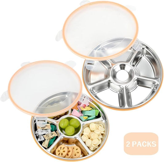 2 pcs Veggie Tray with Lid, Divided Serving Tray with Lid, Round Stainless Steel Serving Platter, Snackle Box Container with 7 Compartments