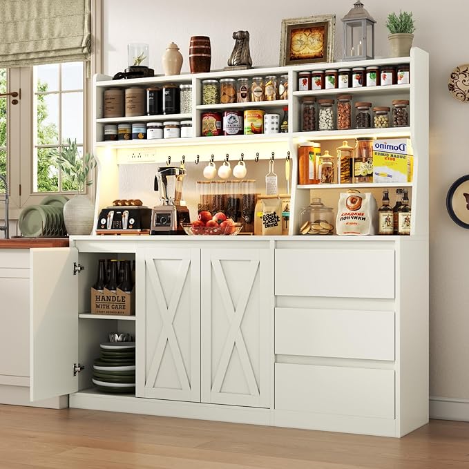 Farmhouse Kitchen Pantry Cabinet with Power Outlet & LED Light, Large Coffee Bar Cupboard with Microwave Stand, 3 Doors & 3 Drawers, 7 Cup Holders & 8 Open Cubbies, Adjusted Shelves (White)