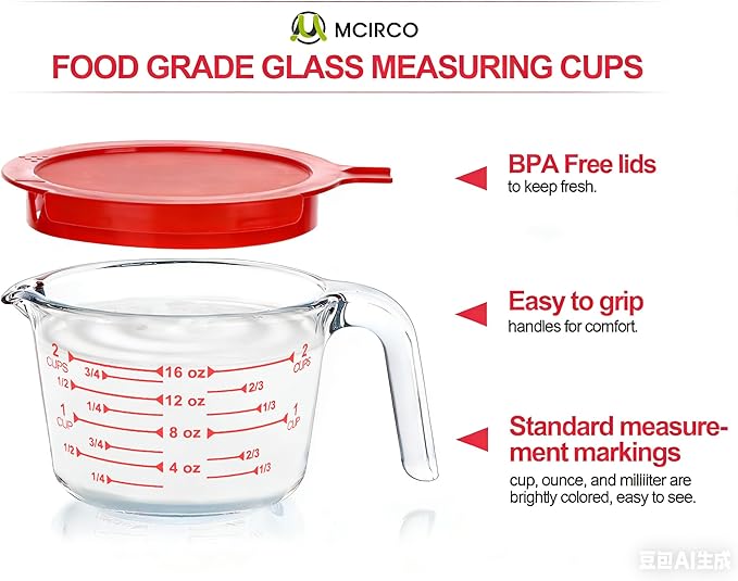 M MCIRCO 6 Pcs Glass Measuring Cups with Lids Set, 1-Cup, 2-Cup, 4-Cup Measuring Jugs with Handle, Nesting Liquid Measuring Cups for Kitchen