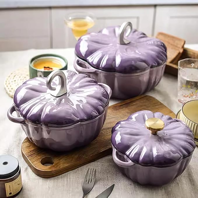 Lebolna Pumpkin Cocotte,Pumpkin Dutch Oven Pot with Lid,Enamel Cast Iron Cooking Pot,Non Stick Pumpkin Pot,Stew Pot Soup Pot,Serves 3-5,Halloween Thanksgiving Decor Pot Gift(3.9 Quart, Purple)