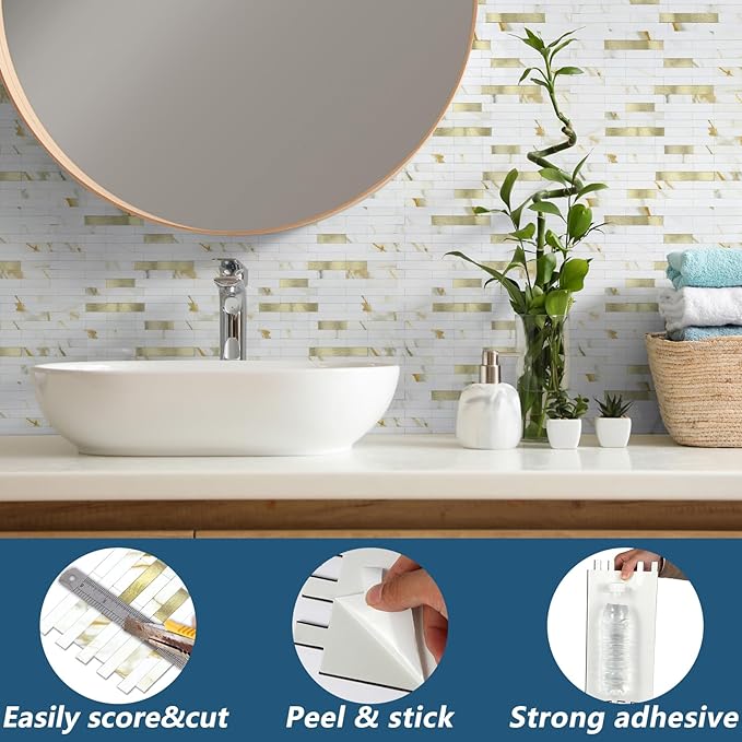 Yipscazo 2 Sheets Peel and Stick Stone Metal Backsplash, PVC Wall Tiles Stick on Tiles for Backsplash Kitchen, Bathroom, Fireplace (6'' X 12'', Calar Golden)