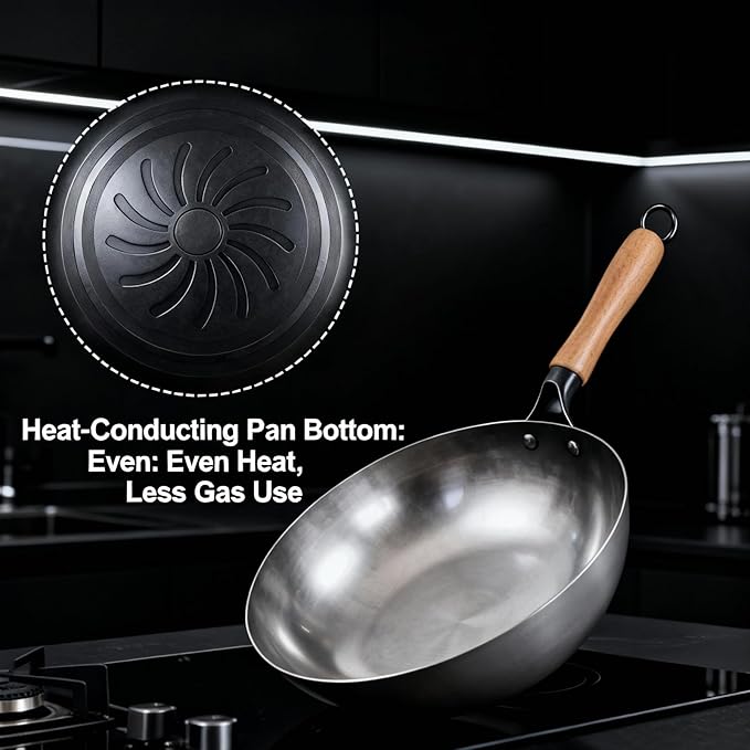 Calmabode 12 Inch Round Bottom Hand Hammered Carbon Steel Wok - Traditional Forged Stir Fry Pan, Fast Heat Conduction, No Hot Spots, Non-Toxic Uncoated for Gas Stove, Home & Professional Kitchen
