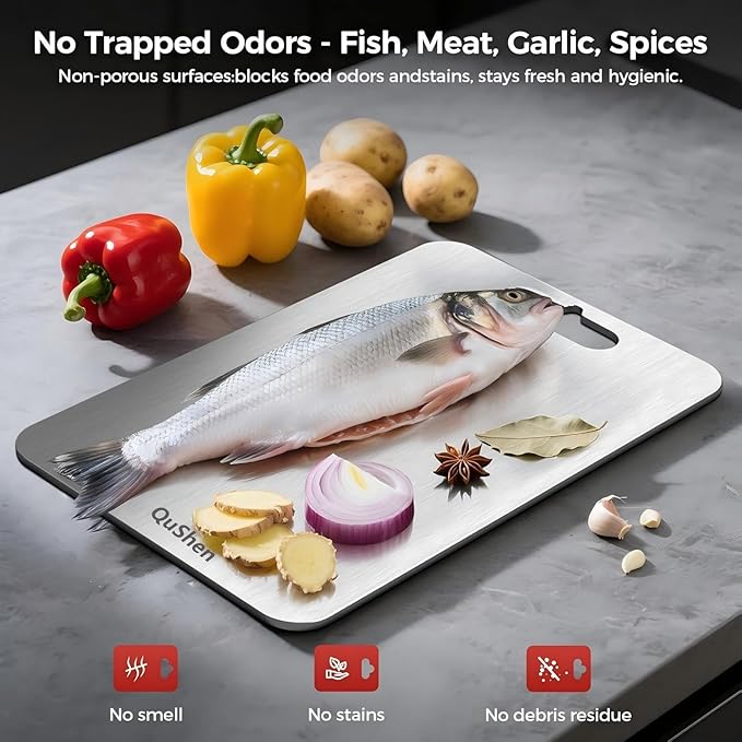 QuShen Titanium Cutting Board, 100% Pure Titanium Cutting Boards for Kitchen, Double Sided Food-Grade Chopping Board - Dishwasher Safe Easy to Clean (14"L x 10"W)