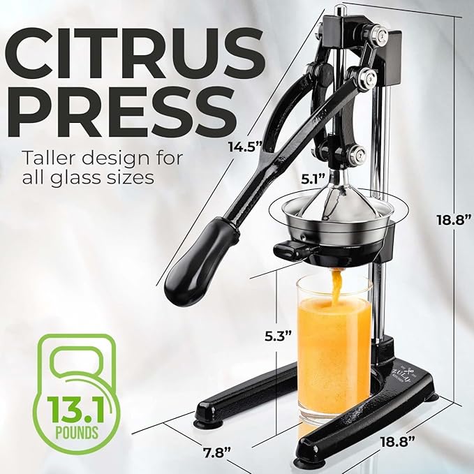 Zulay Kitchen 9 in 1 Cast Iron Juicer - Easy-to-Clean Heavy-Duty Manual Juicer with Presser Attachment to Juice All Types of Fruits! Extra Tall with Stainless Steel Bowl - Black