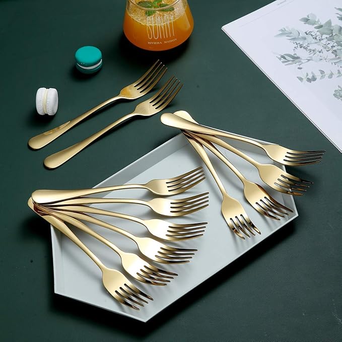 Gold Dinner Forks of 12, Berglander 7.9" Stainless Steel Titanium Shiny Gold Plating Fork And Spoons Silverware, Golden Table Forks Set Sturdy And Dishwasher Safe